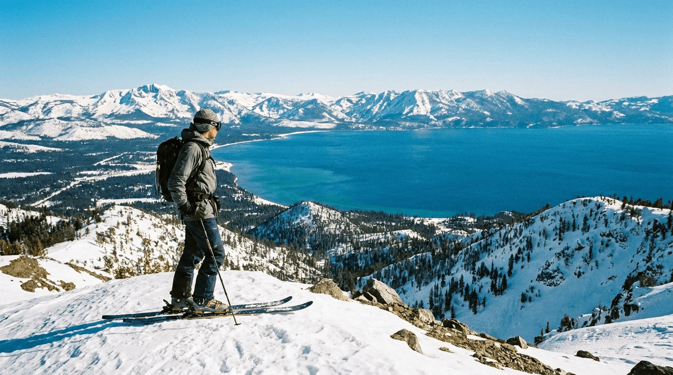 A snowy Tahoe ridge above the lake